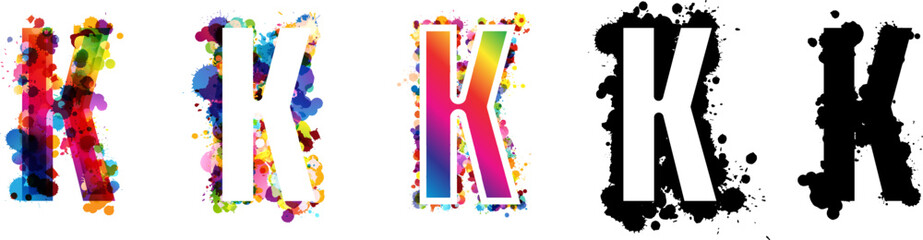 Wall Mural - k letters with rainbow and black paint splash decorative elements. colorful k letter emblems collect