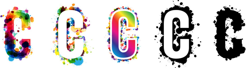 Wall Mural - c letters with rainbow and black paint splash decorative elements. colorful c letter emblems collect