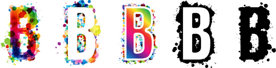 Wall Mural - b letters with rainbow and black paint splash decorative elements. colorful b letter emblems collect