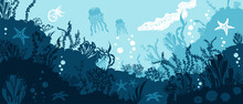 Underwater Panoramic Background. Corals And Reef Wildlife Scene. Vector Illustration With Deep Marine Inhabitants.