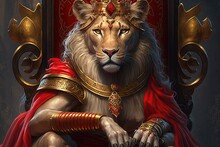 A Majestic, Regal Lion Sits On A Throne. The Ruler - The Royal Lion Dressed In A Red Mantle With Her  Royal Attributes, Closeup. The Lioness Queen. Generative AI