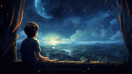 Wall Mural - a kid watching out at big window open to galaxy sky, midnight time, idea for imagination and dream concept, Generative Ai