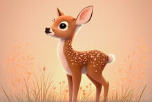 Cute Baby Deer In The Grass, Cartoon Illustration Generative AI