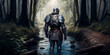 A medieval knight in armor stands in the water of a forest stream. Generative AI