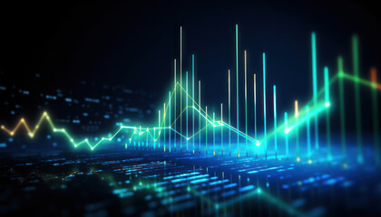 Business candle stick graph chart of stock market investment trading on blue background. Bullish point, up trend of graph. Economy design. Generative AI