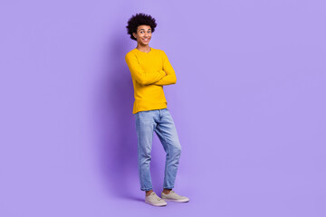 Sticker - Full length cadre of young guy folded arms confident entrepreneur startup owner wear trendy outfit isolated on violet color background