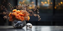 Close Up Skull With Orange Flower Bouquet On Counter, Idea For Living Room Halloween Decoration, Generative Ai