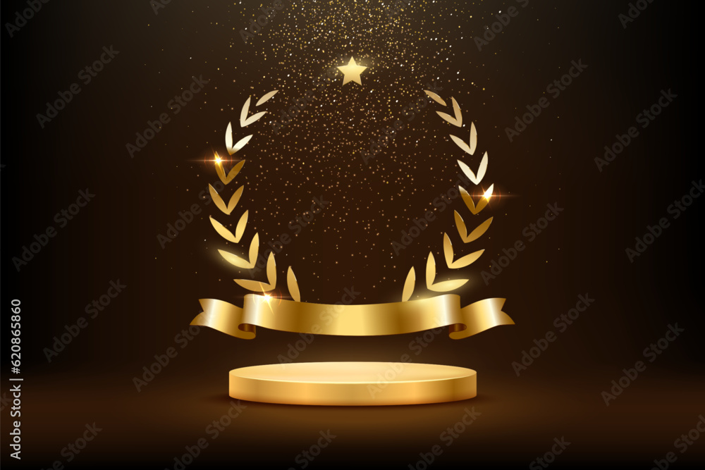 Gold award round podium with laurel wreath, ribbon, star, shiny glitter ...