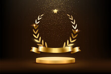 Gold Award Round Podium With Laurel Wreath, Ribbon, Star, Shiny Glitter And Sparkles Isolated On Dark Background. Vector Golden Symbol Of Victory, Achievement, Success, Rewarding Of Winner