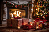 Fototapeta Nowy Jork - Beautiful Christmas gifts under decorated Christmas tree on floor in living room with fireplace