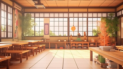 Wall Mural - Interior of a traditional primary school wooden floor and elements. Generative Ai