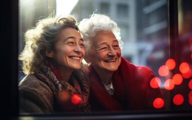 Wall Mural - two older women looking out a window, in the style of light aquamarine and red