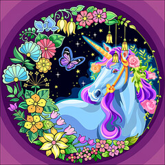 Wall Mural - Unicorn with butterfly and flowers 