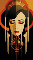 Sticker - A woman with a black hat and orange eyes. Generative AI. Poster in art deco style. Digital wallpaper.