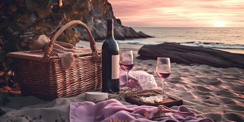 Wall Mural - romantic picnic at sea beach with a glass of wine, Generative Ai