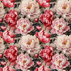 Wall Mural - Watercolor illustration: seamless colorful pattern of peony flowers with leaves. Generative ai. Vintage botanical pattern in oriental style.