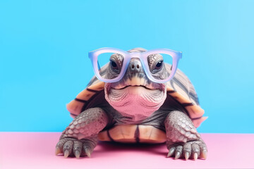 Close-up portrait of a turtle in white toy glasses isolated on a blue flat background, copy space for text. Banner template. Generative AI professional photo imitation.