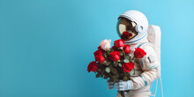 Astronaut With A Bouquet Of Red Roses Isolated On Blue Background, Holiday Banner With Blank Space For Text, Space Man Congratulates, Copy Space, Generated Ai