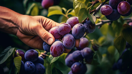 Wall Mural - Close up of farmer hands harvesting plum fruit