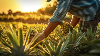 Wall Mural - Close up photo of farmer hands harvesting pineapple