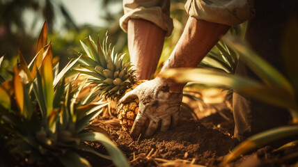 Wall Mural - Close up photo of farmer hands harvesting pineapple