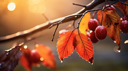 close up orange leaves branch with red berry with sunlight and bokeh, peaceful Autumn and fall season foliage wallpaper background, Generative Ai