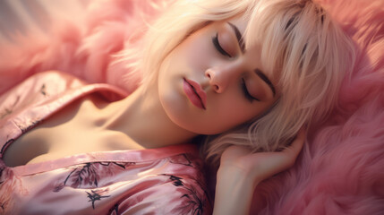 Sticker - Portrait of a young blond woman with short hair sleeping in a bed with morning light