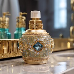 Beautiful golden-colored ornate oriental perfume bottle for oud or aroma essence oil, decorated with cristals. Close up. Generative AI