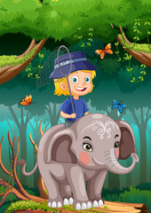 Sticker - Happy Girl Riding Elephant in the Jungle