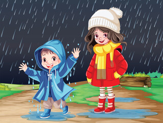 Wall Mural - Children out in the rain in winter