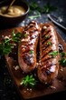 Grilled german Leberwurst sausage with sauce.  Liver sausage served on a wooden plate. 