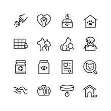 Animal Shelter, Linear Style Icons Set. Find A Pet Or Shelter A Homeless Animal. Saving And Caring For Animals. Pet Sitting. Editable Stroke Width