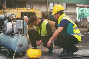 Male engineer worker get accident at work in industry factory. Health safe of work and safety first concept