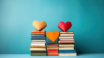 Wall Mural - Love of books reading stack of books in the colored cover lay on the table. Generative Ai