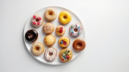 Colorful, delicious donuts served on white plate, on a white background. Great for birthday, holiday, greeting, children's concept. Space for text. Generative AI