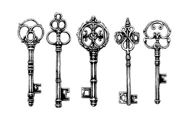 victorian key collection vintage illustration. medieval gothic locks set. vector keys in engraving