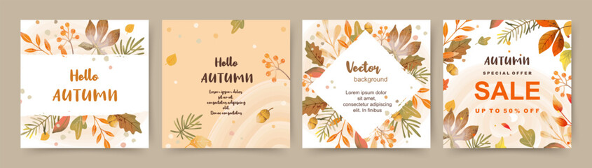 Autumn season backgrounds with colorful watercolor leaves and berries. Fall square templates for greeting card and invitation. Thanksgiving and harvest sale on social media. Vector illustration