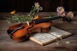 Altmodische Geige mit Noten und Blumen Arrangement.