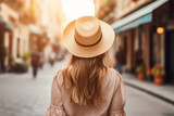 Fototapeta Uliczki - A close-up of a young stylish woman's back, standing on a vibrant city street, her straw hat adding a touch of sophistication to her urban style Generative AI