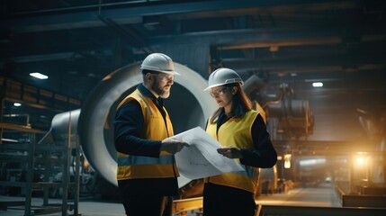 Aufkleber - Male and female industrial engineers in hard hats discussing talking about new project at workplace, They Work in a Heavy Industry Manufacturing Factory.