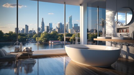 Apartment bathroom with white bathtub with city view behind panoramic window.