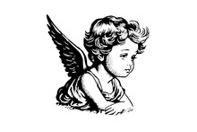 Little Angel Vector Retro Style Engraving Black And White Illustration. Cute Baby With Wings