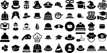 Massive Collection Of Hat Icons Set Linear Concept Symbols Icon, Contractor, Toque, Birthday Glyphs For Computer And Mobile