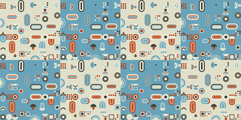 Leinwandbilder - Flat geometric retro style seamless pattern that make up an abstract background pattern for packaging, wallpaper, surfaces, print, design. Flat and blue retro pattern.