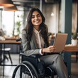 Woman in a wheelchair works in the office. Image generated by AI.