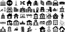 Big Collection Of Building Icons Pack Flat Vector Symbol Church, Silhouette, Heavy, Contractor Clip Art Isolated On White