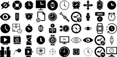 Wall Mural - Mega Set Of Watch Icons Pack Hand-Drawn Black Infographic Silhouette Vision, Symbol, Circle, Icon Glyphs Isolated On White