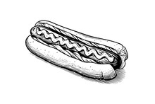 Fast Food Hot Dog With Sausage And Sauce Engraving Sketch Vector Illustration.