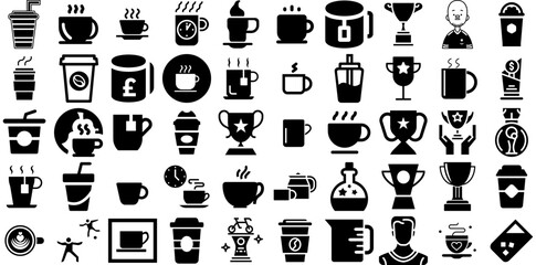 Wall Mural - Mega Collection Of Cup Icons Set Hand-Drawn Solid Design Silhouettes Icon, Measurement, Victory, Tool Glyphs Isolated On White