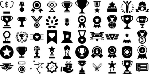 Big Collection Of Award Icons Pack Linear Drawing Clip Art Icon, Leisure, Ribbon, Victory Pictograms Isolated On Transparent Background